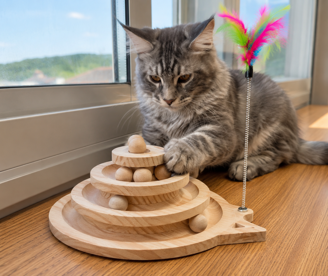 🐱 Tour de Jeu Interactive en Bois pour Chat – Avec Balles et Plume