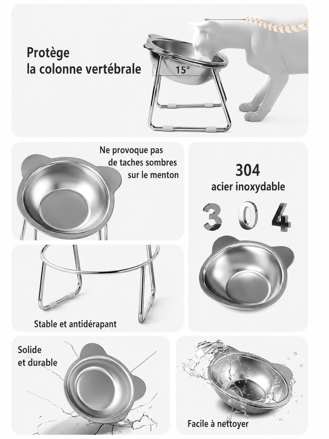 🐱 Gamelle Surélevée Inclinée en Inox 304 – Confort Digestif pour Chat