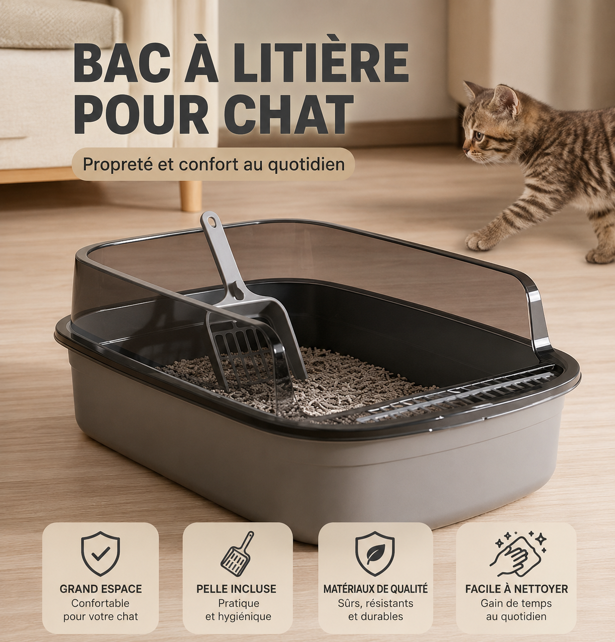 Bac à litière semi-fermé avec rebords hauts – Anti-projections – Pelle incluse