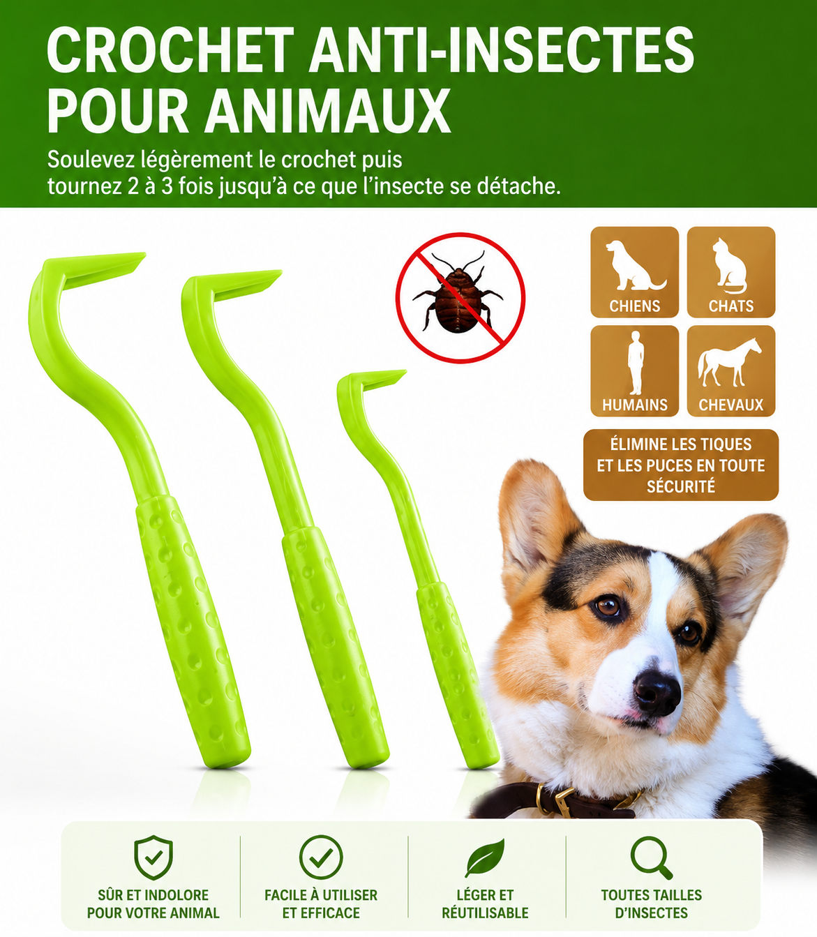 Lot de 3 crochets anti-tiques pour chiens, chats et autres animaux