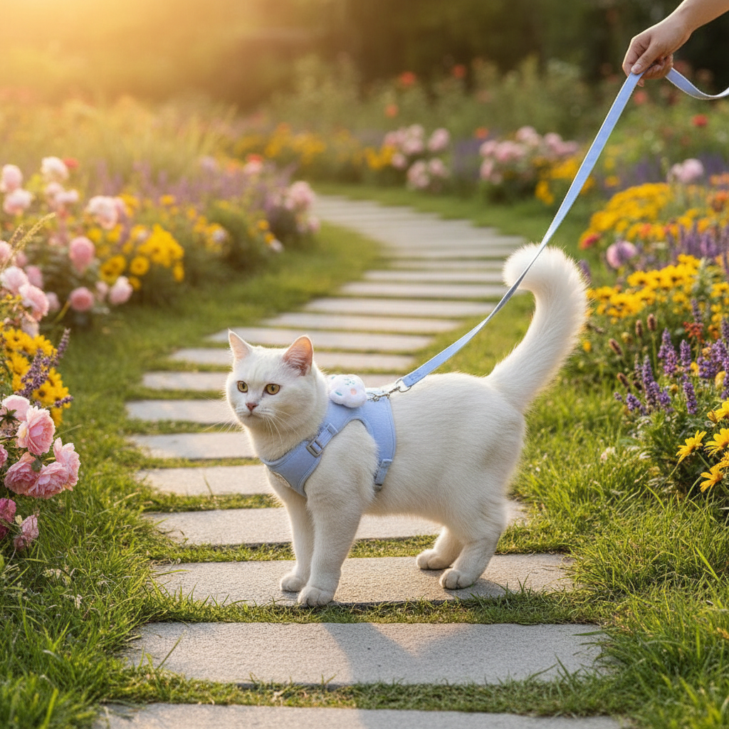 Chat portant un harnais en extérieur