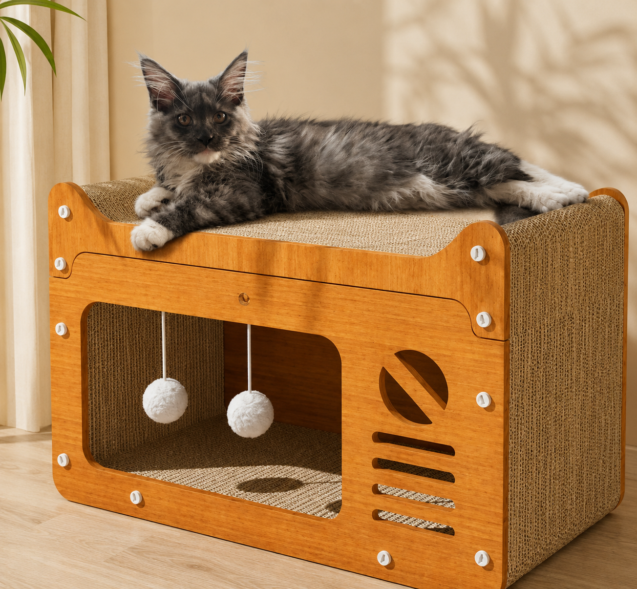 Maison Griffoir 2-en-1 pour Chat – Cachette, Aire de Repos et Jouets Intégrés