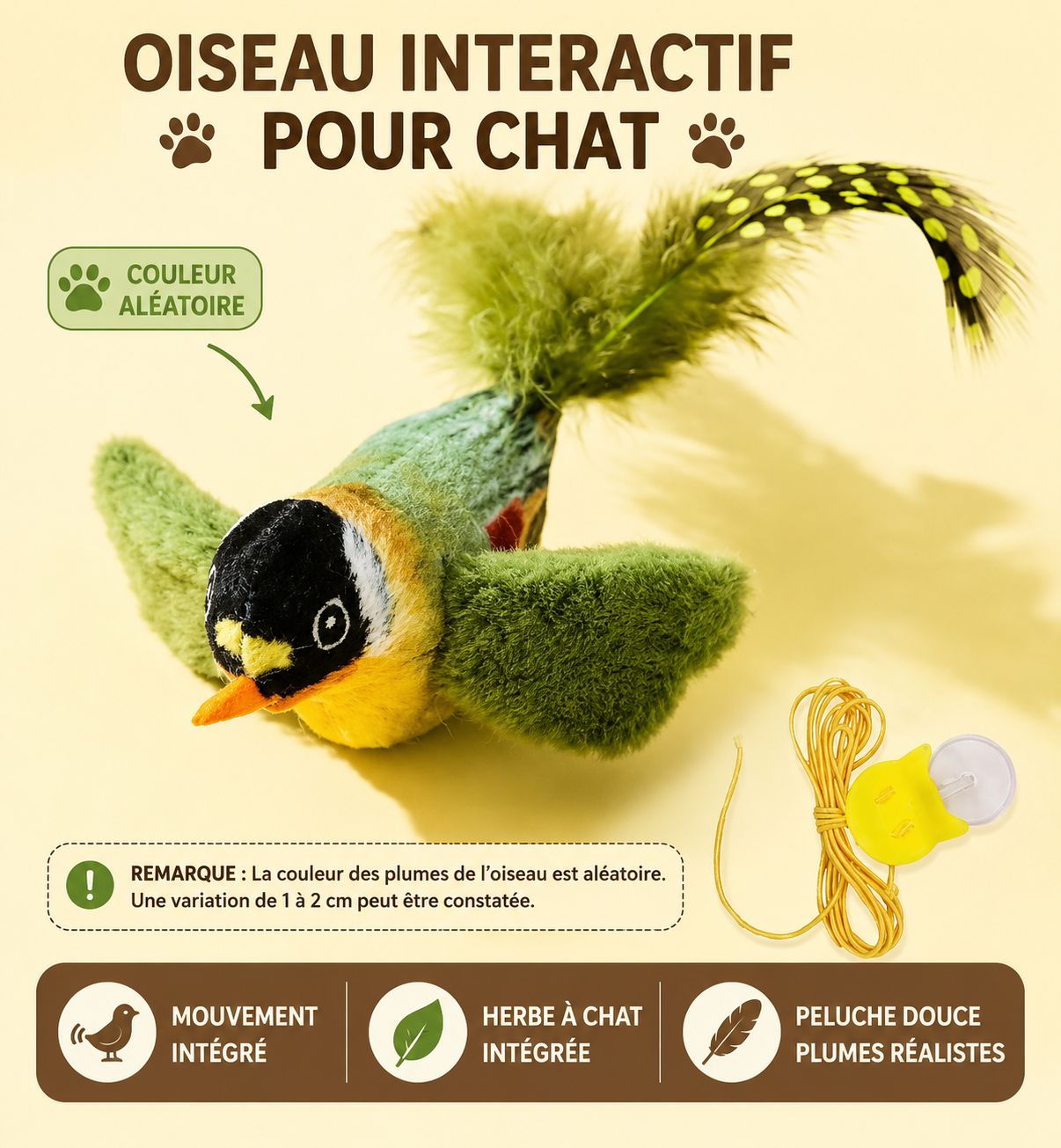 Oiseau interactif pour chat avec son réaliste et corde élastique – Jouet stimulant