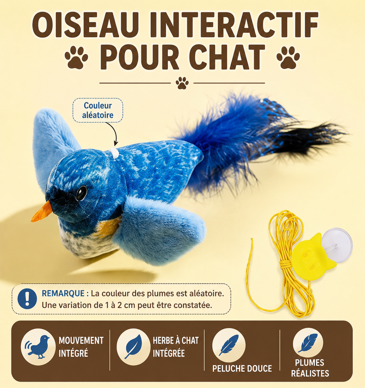 Oiseau interactif pour chat avec son réaliste et corde élastique – Jouet stimulant