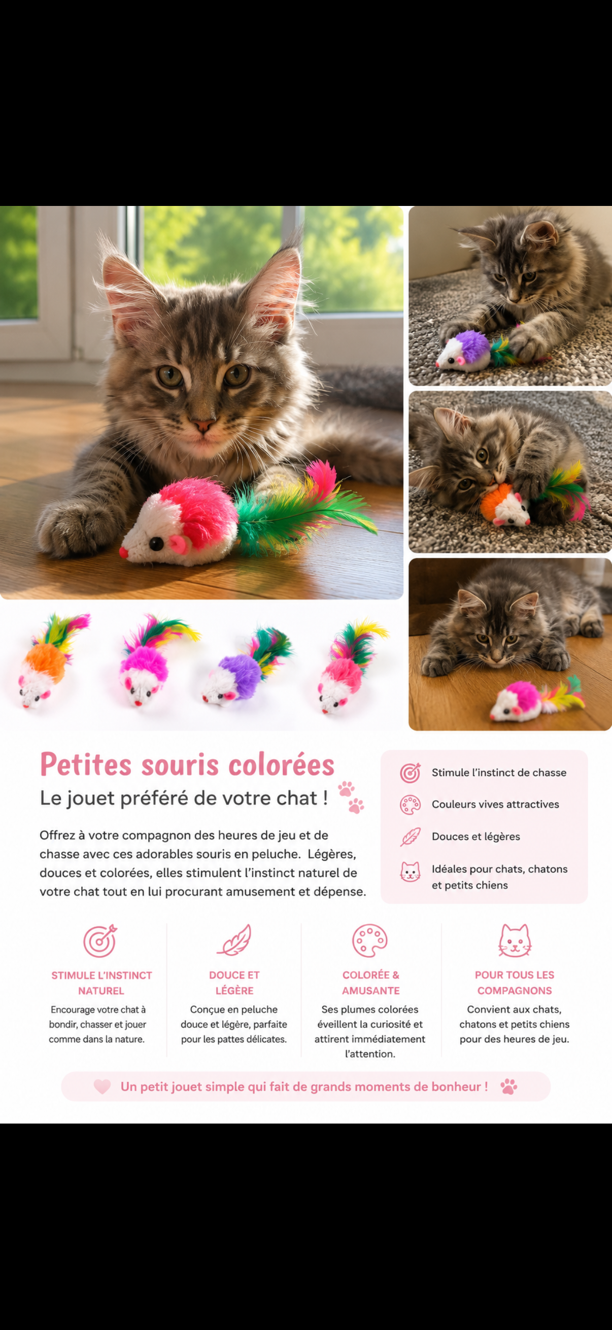Lot de Souris en Peluche avec Plumes pour Chat – Jouet Interacti