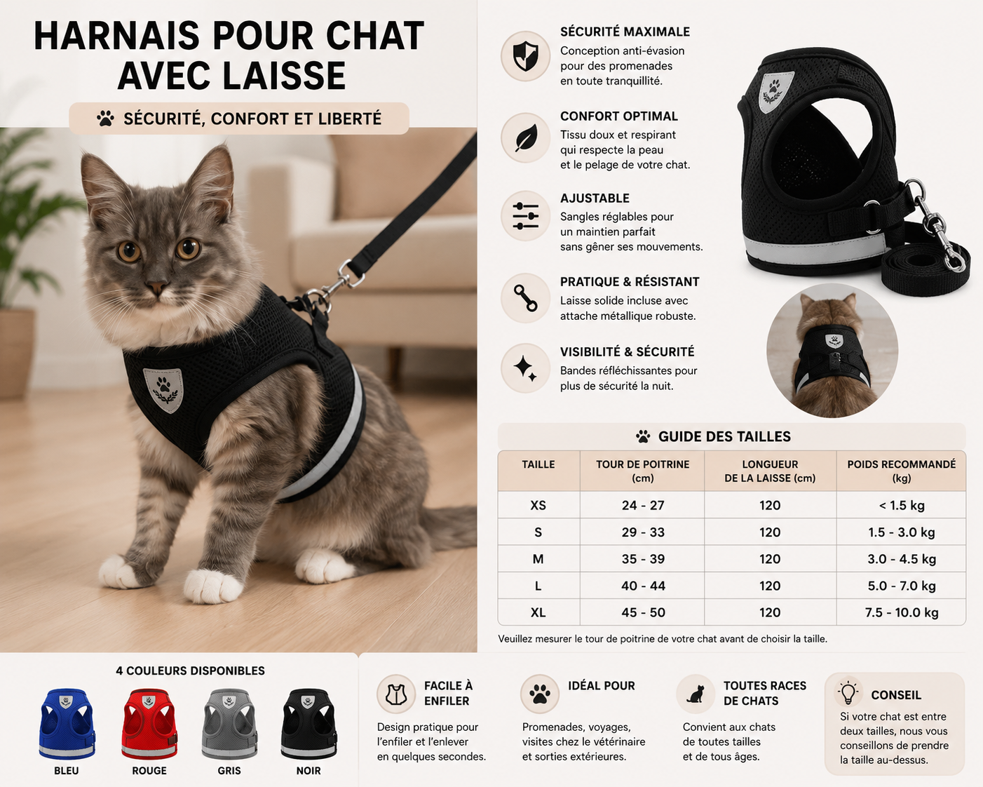 🐾 Harnais Anti-Fugue pour Chat avec Laisse – Léger, Réglable et Confortable
