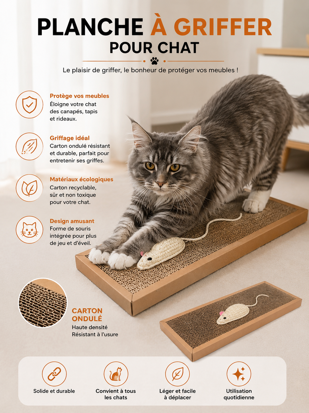 🐾 Griffoir en Carton pour Chat – Planche & Panier Anti-Stress Résistant
