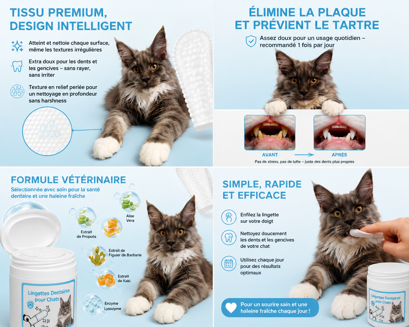 Lingettes dentaires pour chats – Nettoyage des dents et haleine fraîche – À enfiler sur le doigt