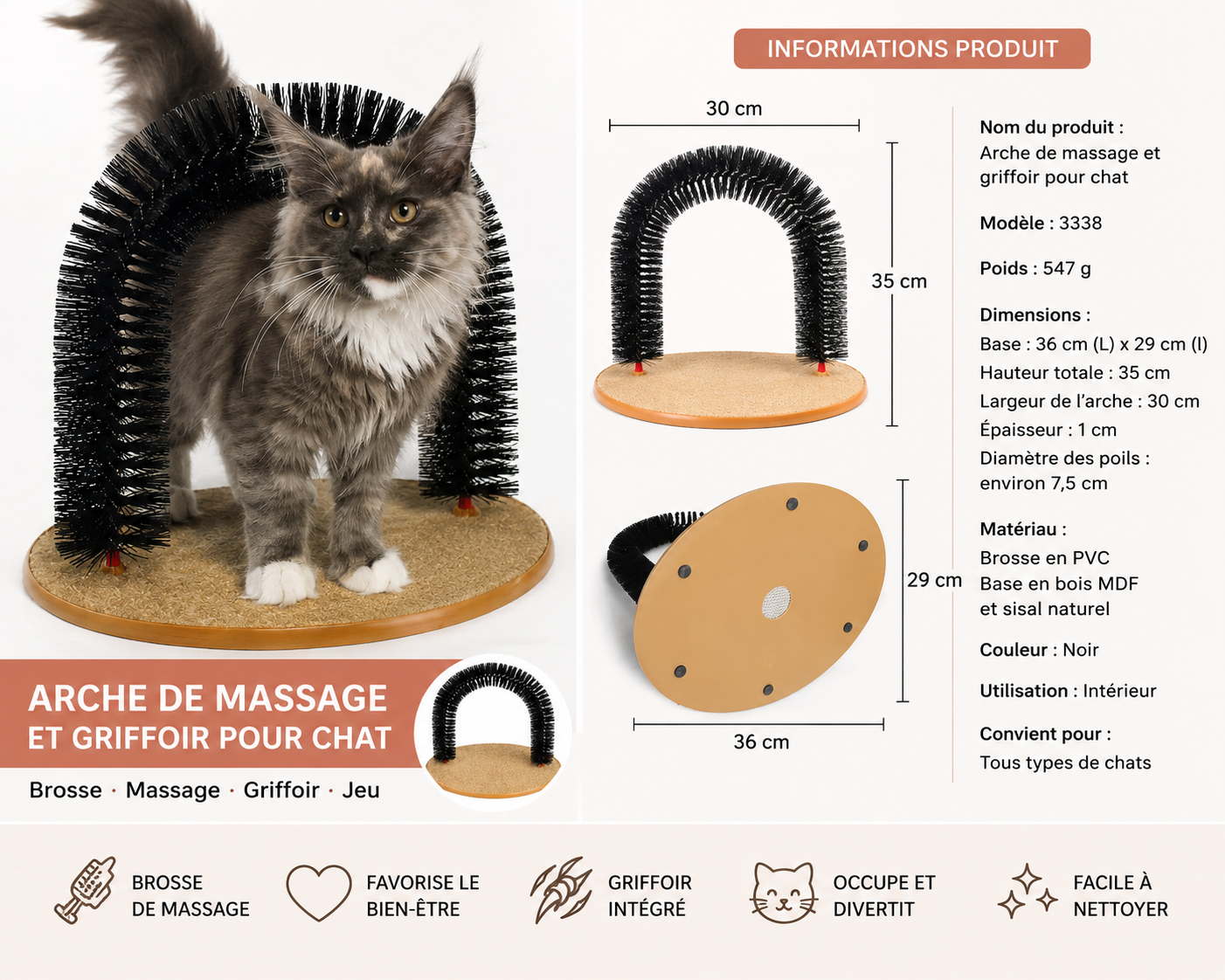 Arche de Massage et Brosse Auto-Toilettage pour Chat avec Griffoir