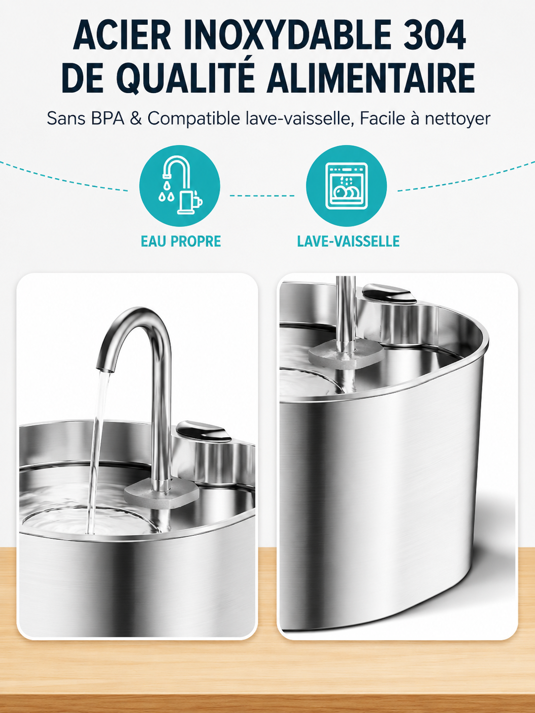 Fontaine à eau en acier inoxydable 2,2 L pour chat et chien – Ultra silencieuse avec filtre