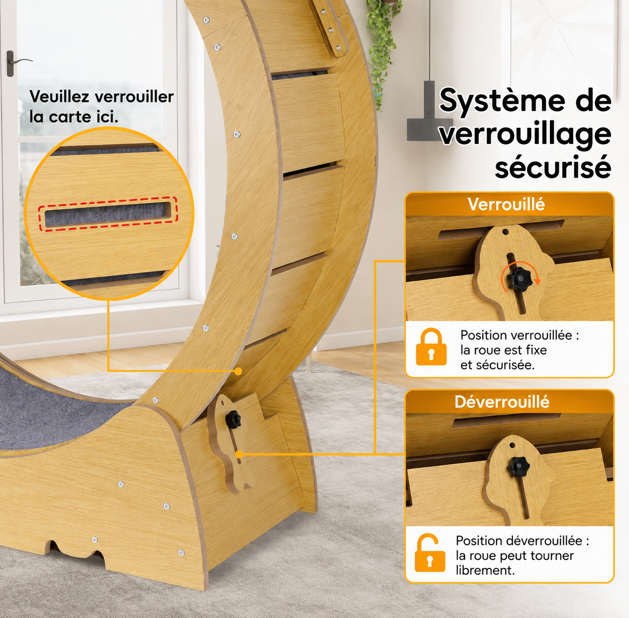 Roue d’exercice en bois pour chat – Tapis amovible, silencieuse et sécurisée