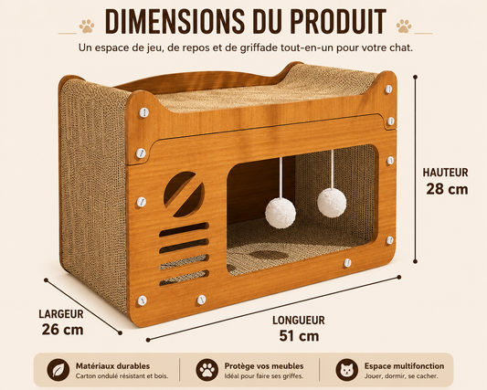 Maison Griffoir 2-en-1 pour Chat – Cachette, Aire de Repos et Jouets Intégrés