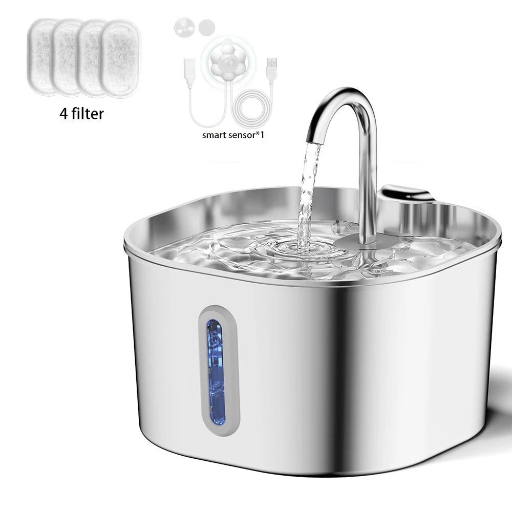 Fontaine à eau en acier inoxydable 2,2 L pour chat et chien – Ultra silencieuse avec filtre