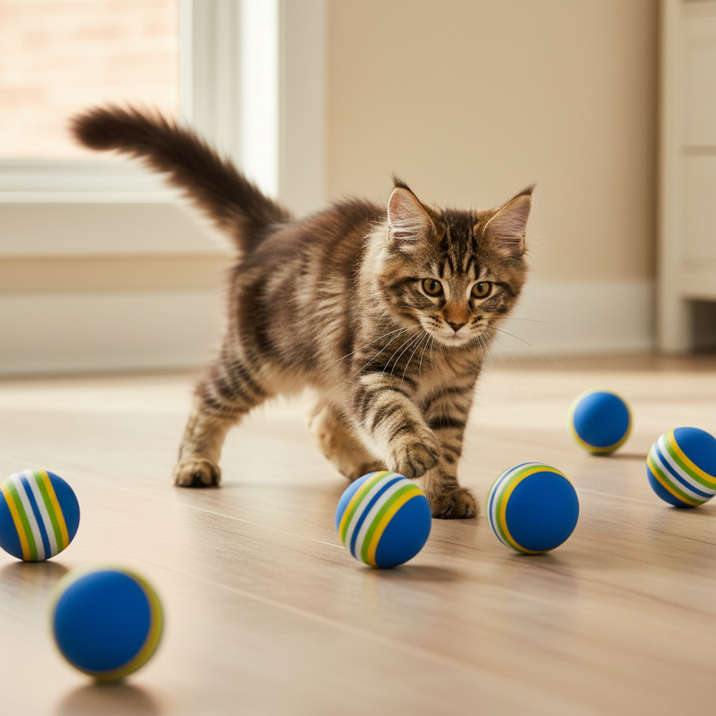 Chaton jouant avec des balles en mousse colorées